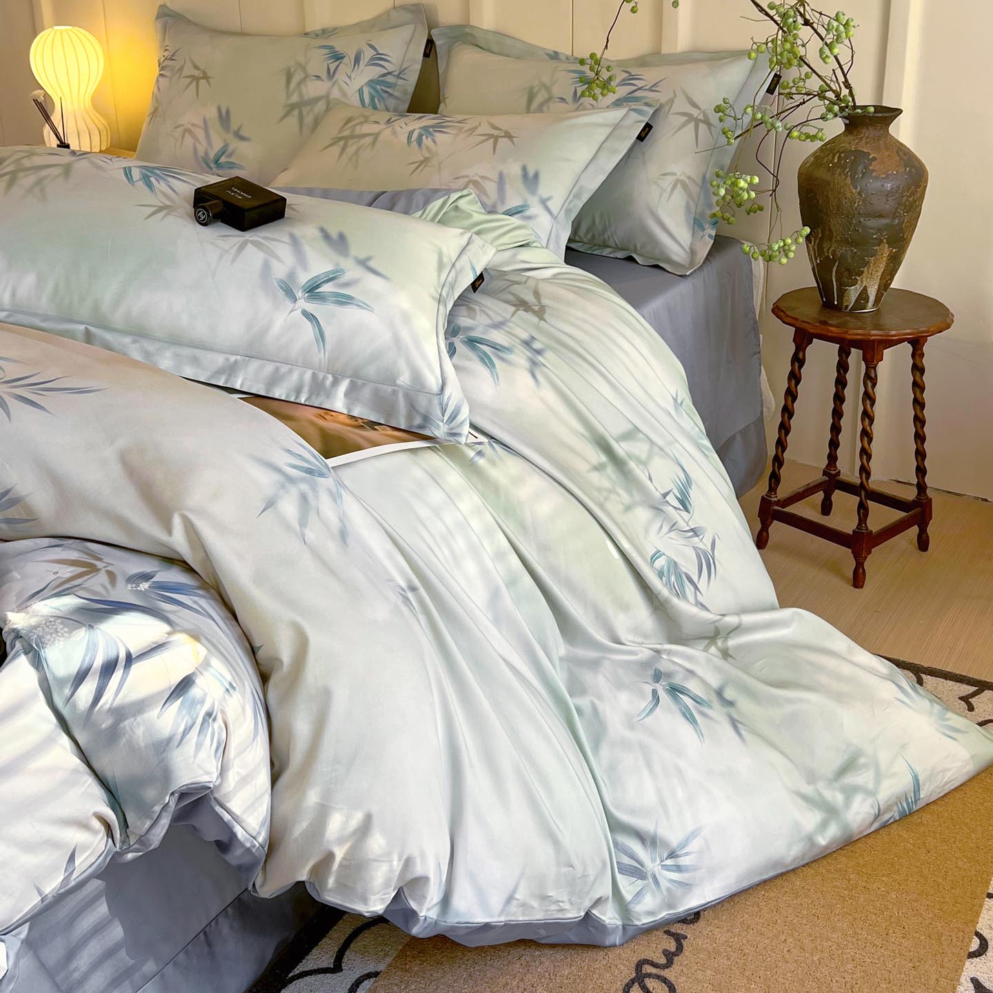 2026新款全棉60支长绒棉数码印花四件套 竹野诗叶