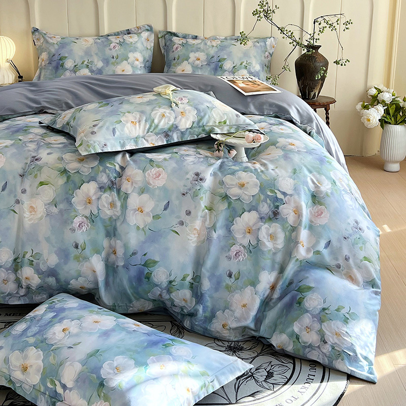 2026新款全棉60支长绒棉数码印花四件套 烟雨蒙蒙-绿