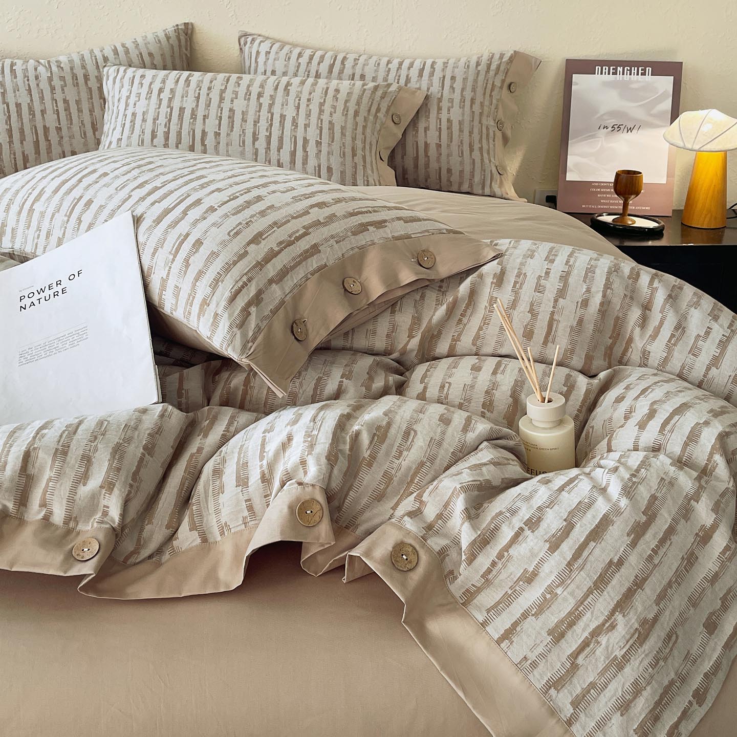 2026新款A类全棉色织大提花纽扣款四件套 琴瑟-金