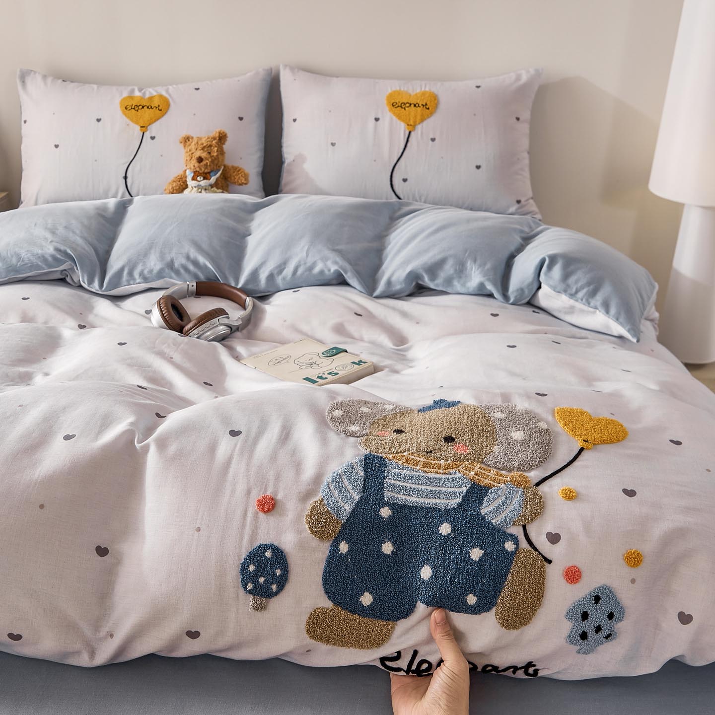 2026新款A类全棉双层纱毛巾绣四件套 气球小象