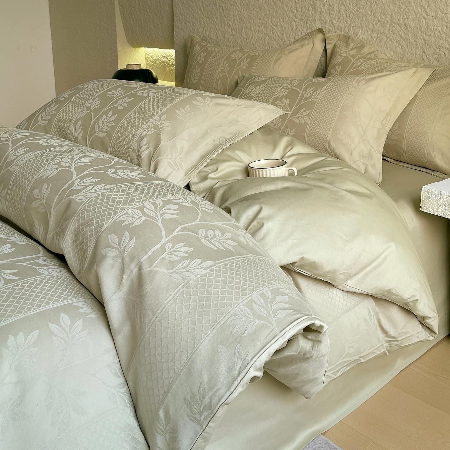 2026新款A类全棉亮面浮雕提花四件套 芊芊叶语-奶绿