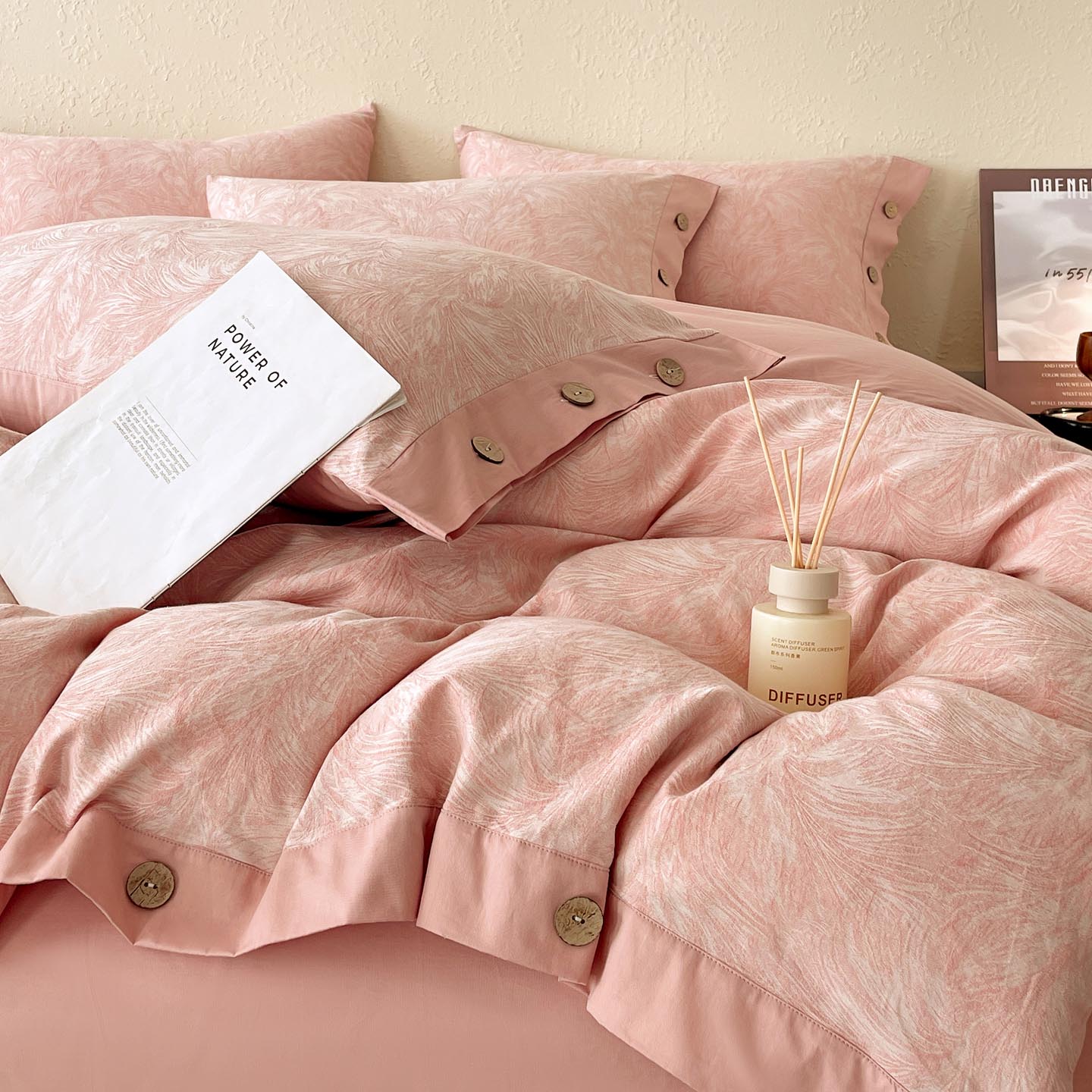 2026新款A类全棉色织大提花纽扣款四件套 羽魅-粉