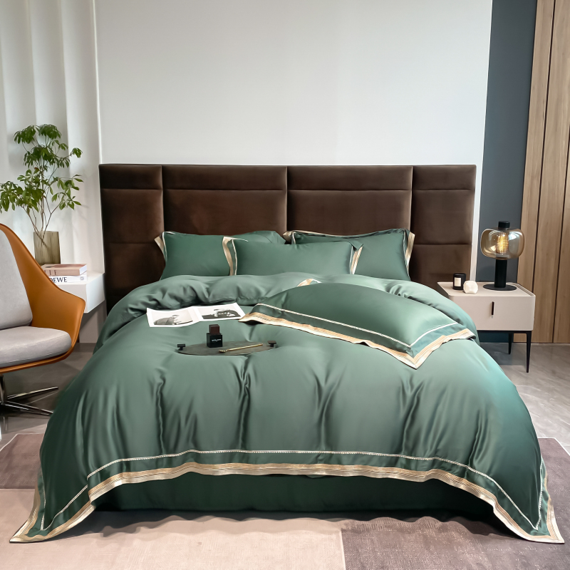 新款高端60支天丝纯色四件套宽边刺绣款 1.8m（6英尺）床 莫奈绿