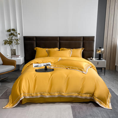 新款高端60支天丝纯色四件套宽边刺绣款 1.8m（6英尺）床 鎏金黄