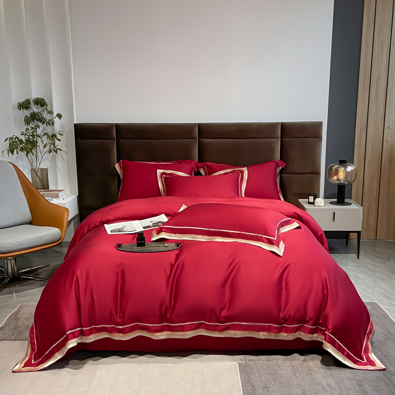 新款高端60支天丝纯色四件套宽边刺绣款 1.8m（6英尺）床 温莎红