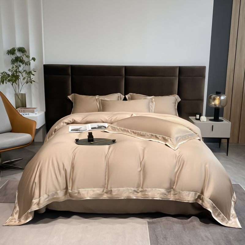 新款高端60支天丝纯色四件套宽边刺绣款 1.8m（6英尺）床 棕榈咖