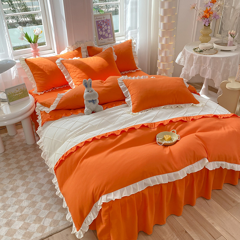 2023新款加厚磨毛四件套-甜梦系列 1.5m床裙款四件套 迷人橙