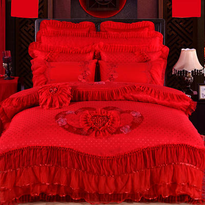 2021秋冬更新上市 婚庆韩版蕾丝系列  浪漫花影-红 2.0米床 四件套床单款