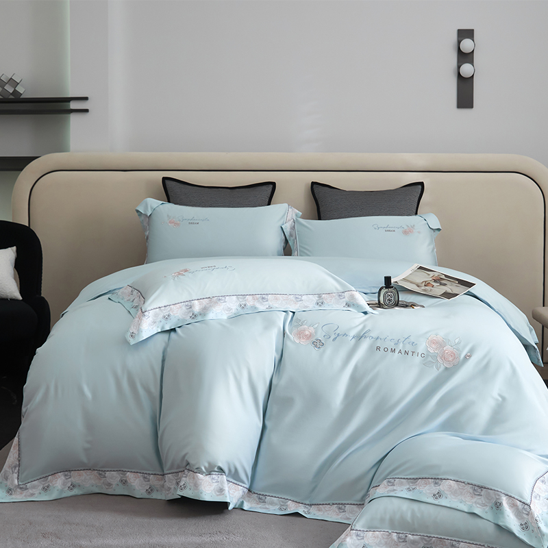 2026新款160S春夏天丝棉高端刺绣系列四件套 玫瑰花香-天空蓝