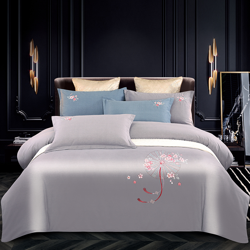2026四季新品120S全棉斜纹加厚磨毛高端刺绣四件套 浪漫樱花-高级灰