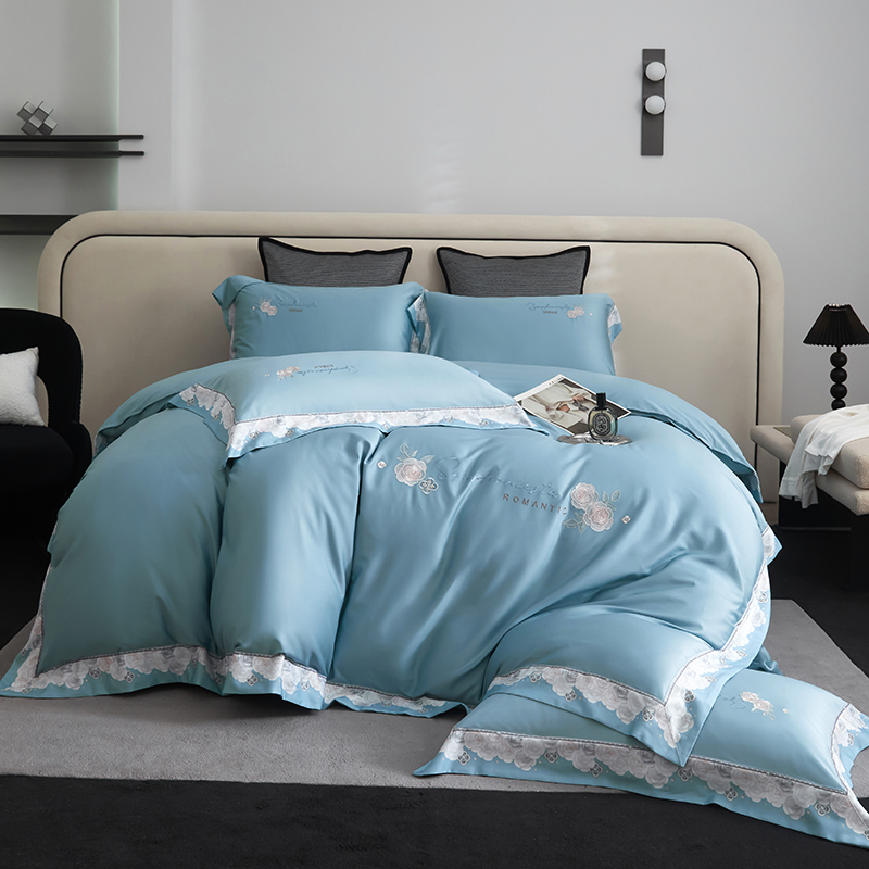 2026新款160S春夏天丝棉高端刺绣系列四件套 玫瑰花香-卡宴蓝
