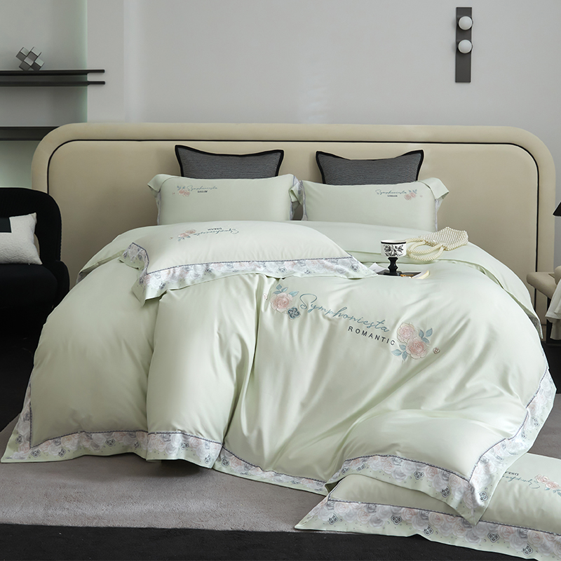 2026新款160S春夏天丝棉高端刺绣系列四件套 玫瑰花香-清新绿