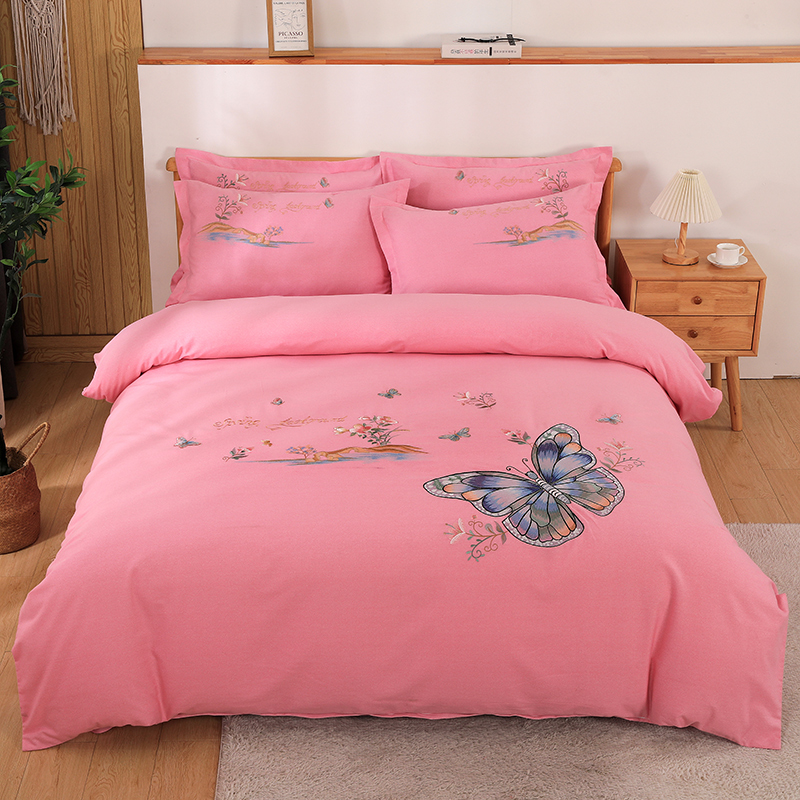 2026新款秋冬60S高端全棉刺绣磨毛系列 翩翩蝶影-公主粉