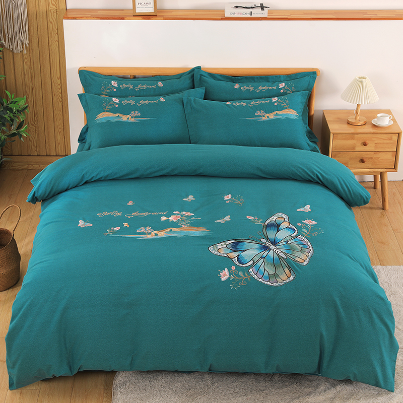 2026新款秋冬60S高端全棉刺绣磨毛系列 翩翩蝶影-淡雅绿