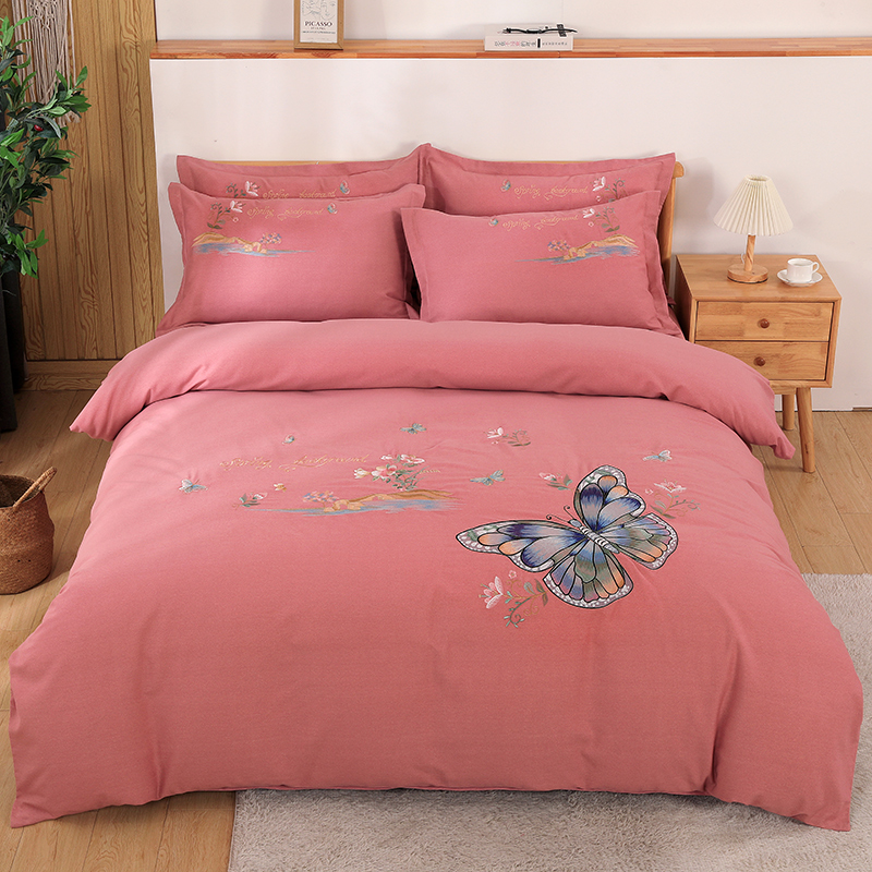 2026新款秋冬60S高端全棉刺绣磨毛系列 翩翩蝶影-粉豆沙