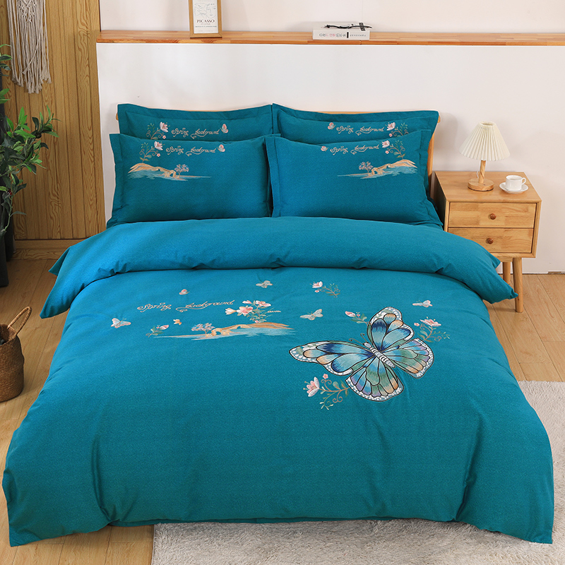2026新款秋冬60S高端全棉刺绣磨毛系列 翩翩蝶影-宝石蓝