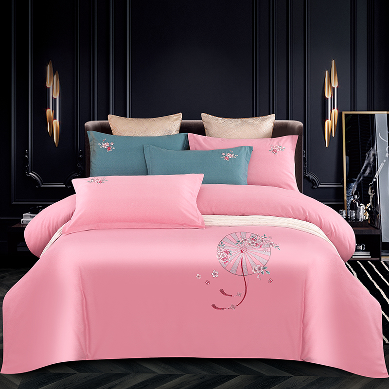 2026四季新品120S全棉斜纹加厚磨毛高端刺绣四件套 浪漫樱花-公主粉