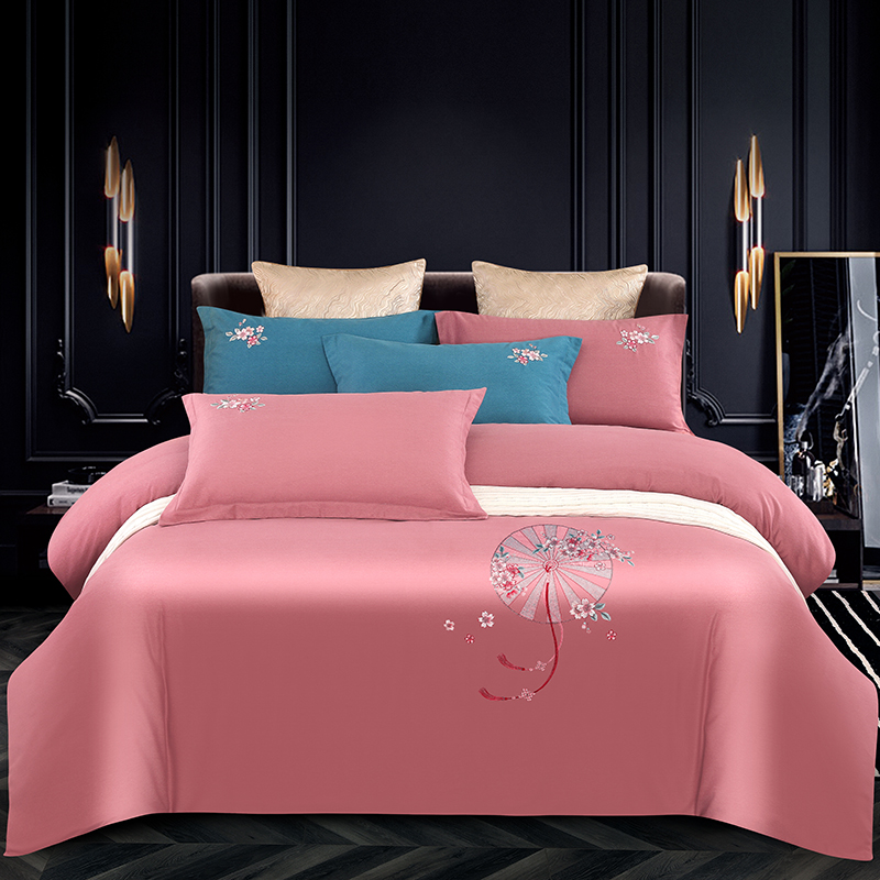 2026四季新品120S全棉斜纹加厚磨毛高端刺绣四件套 浪漫樱花-豆沙