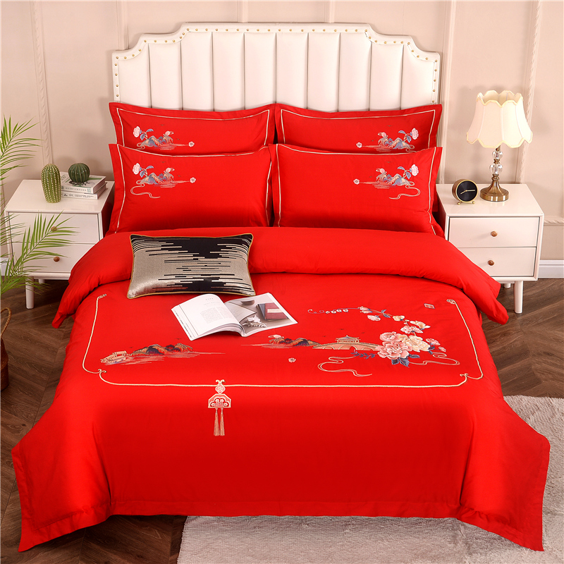 2026新款新中式风100支全棉高端刺绣四件套 香山密影-富贵红