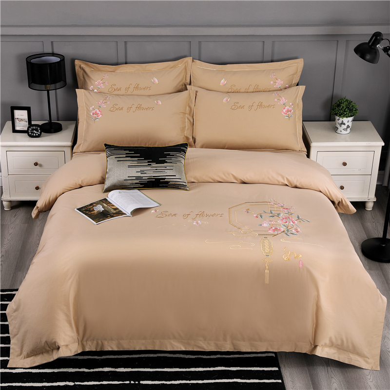 2026新款新中式风100支全棉高端刺绣四件套 江南人家-卡其杏