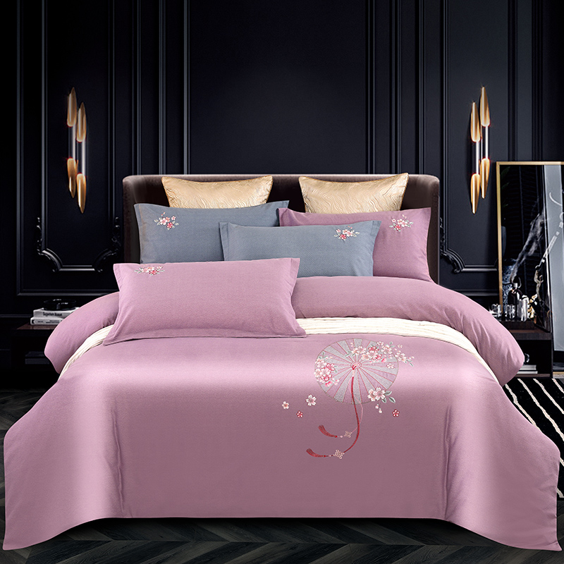 2026四季新品120S全棉斜纹加厚磨毛高端刺绣四件套 浪漫樱花-浪漫紫