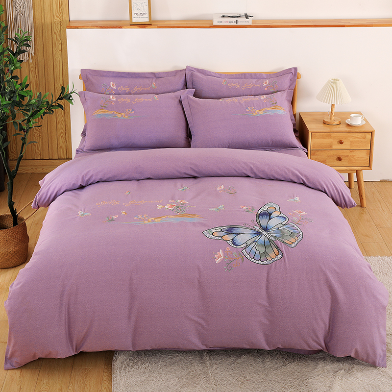 2026新款秋冬60S高端全棉刺绣磨毛系列 翩翩蝶影-浪漫紫