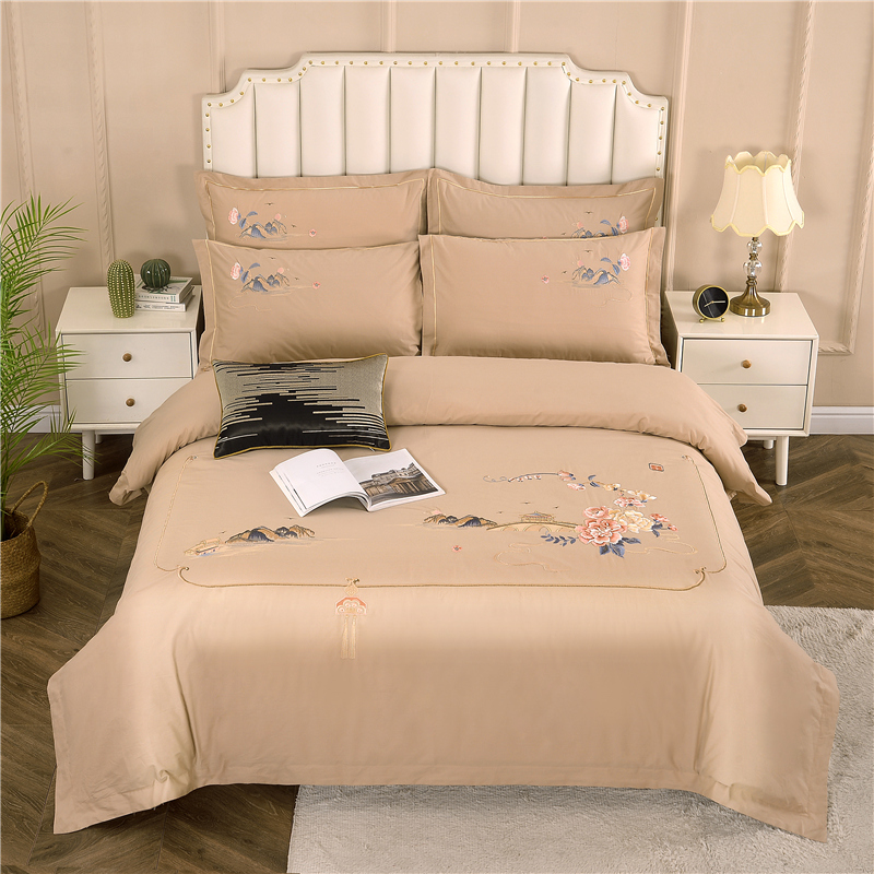 2026新款新中式风100支全棉高端刺绣四件套 香山密影-卡其杏