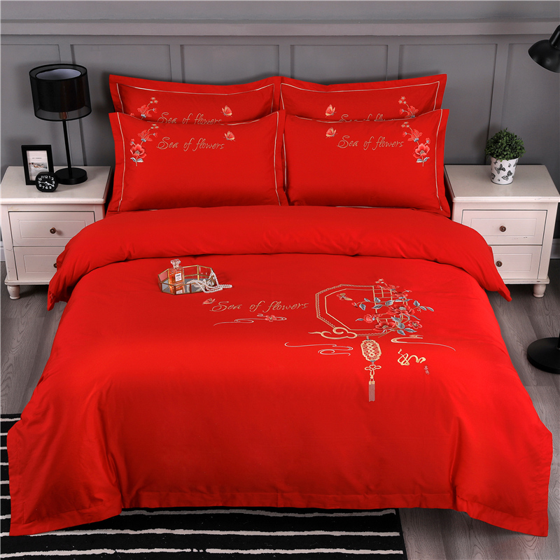 2026新款新中式风100支全棉高端刺绣四件套 江南人家-中国红