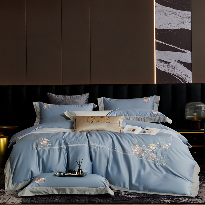 2026新款180支长绒棉重工刺绣四件套 玛格利特-天空兰