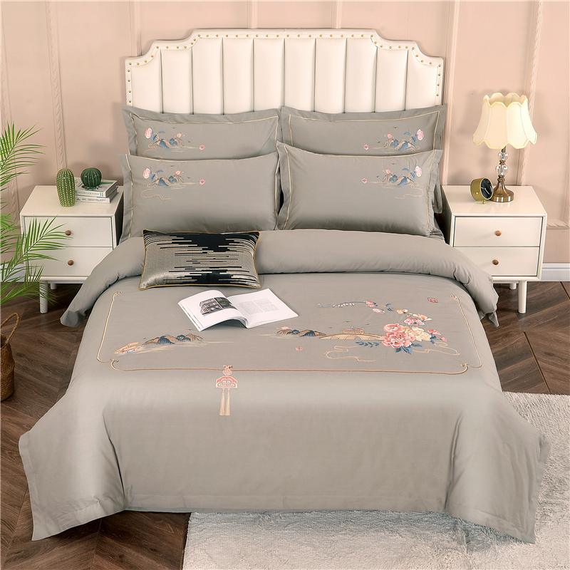 2026新款新中式风100支全棉高端刺绣四件套 香山密影-优雅灰