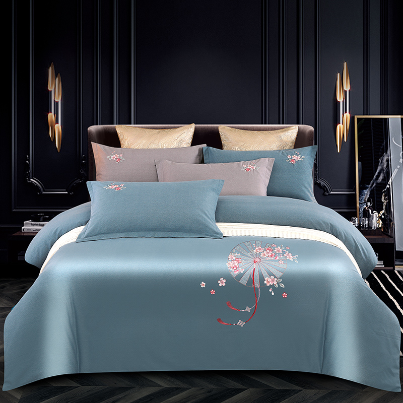 2026四季新品120S全棉斜纹加厚磨毛高端刺绣四件套 浪漫樱花-富贵银