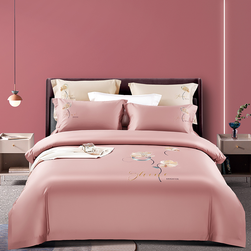 2024新品-秋冬100支全棉长绒棉磨毛高端刺绣系列四件套 轻曼-豆沙