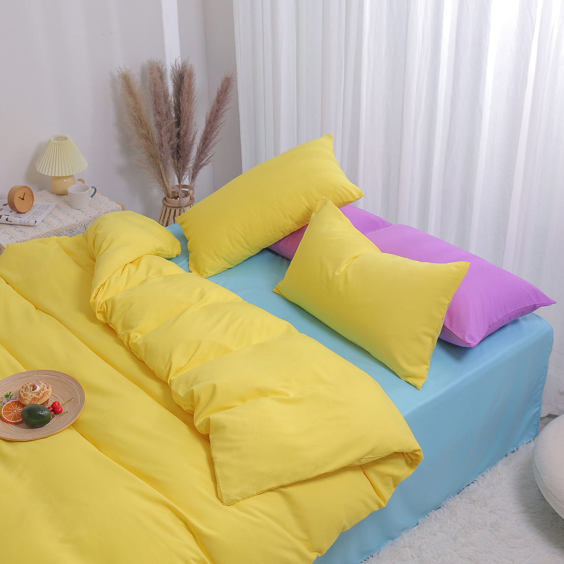 2022新款日系纯色简约格子美棉系列四件套 1.2m（4英尺）床 三件套 淡黄+水蓝