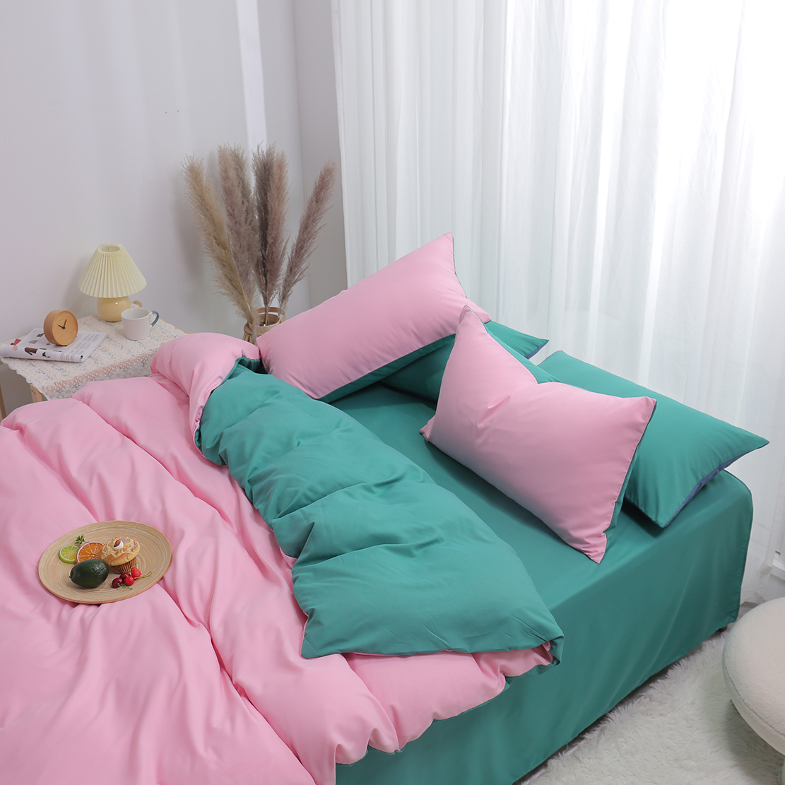 2022新款日系纯色简约格子美棉系列四件套 1.2m（4英尺）床 三件套 豆沙红+墨绿