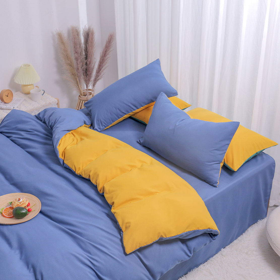 2022新款日系纯色简约格子美棉系列四件套 1.2m（4英尺）床 三件套 深蓝+姜黄