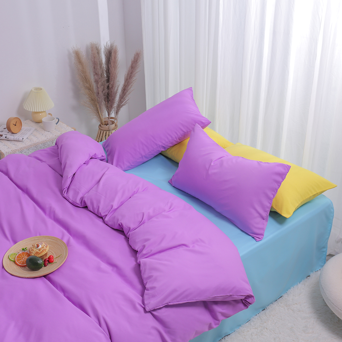2022新款日系纯色简约格子美棉系列四件套 1.2m（4英尺）床 三件套 深紫+水蓝
