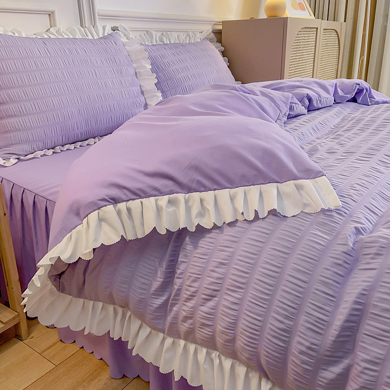 2022新款荷叶边泡泡纱床裙四件套床单公主系列 1.5m（5英尺）床 泡泡小姐-丁香紫