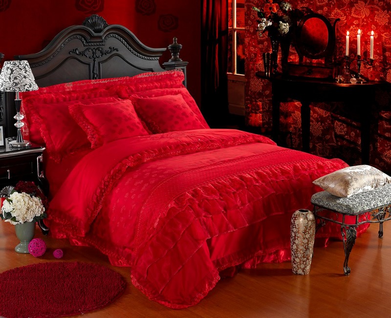 大红婚庆蕾丝床盖式四件套 薇薇新娘 1.8m（6英尺）床 大红