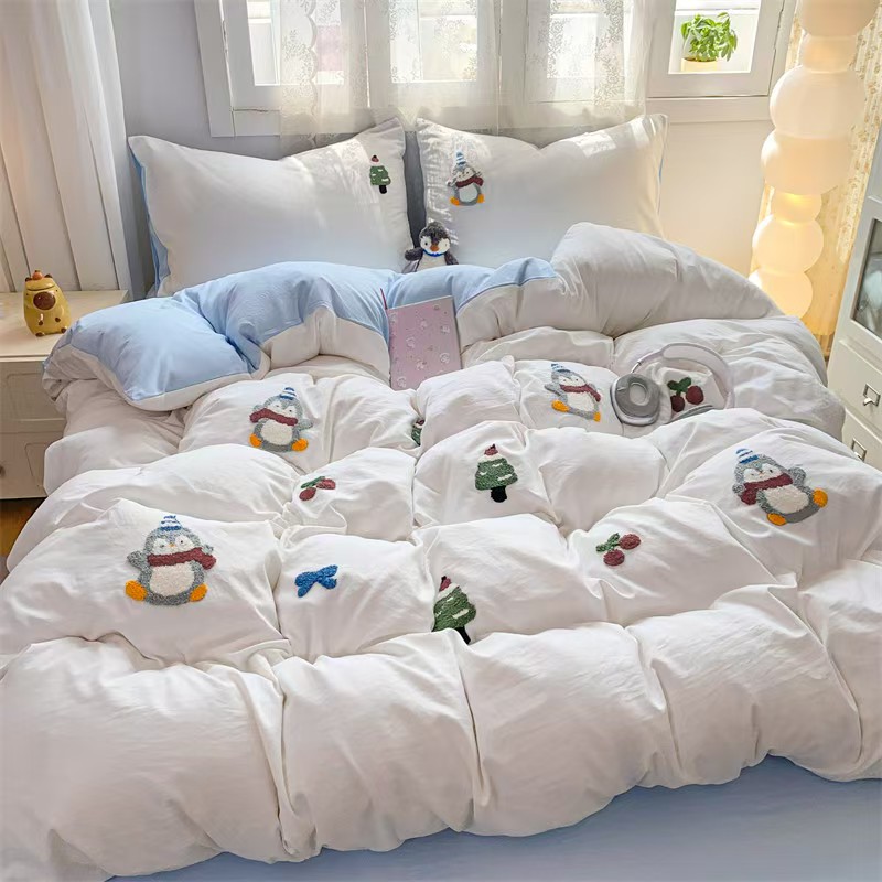 2025新款超柔水洗棉毛巾绣单被套-豆丁企鹅 豆丁企鹅白