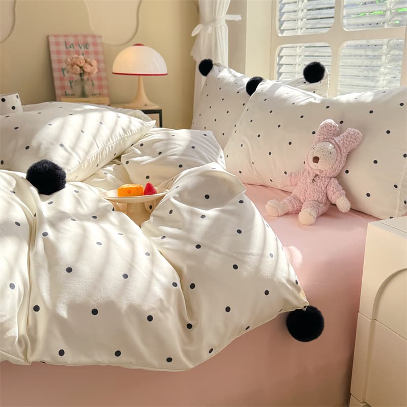 2025新款超柔水洗棉奶油系毛球款单被套 波点海盐白
