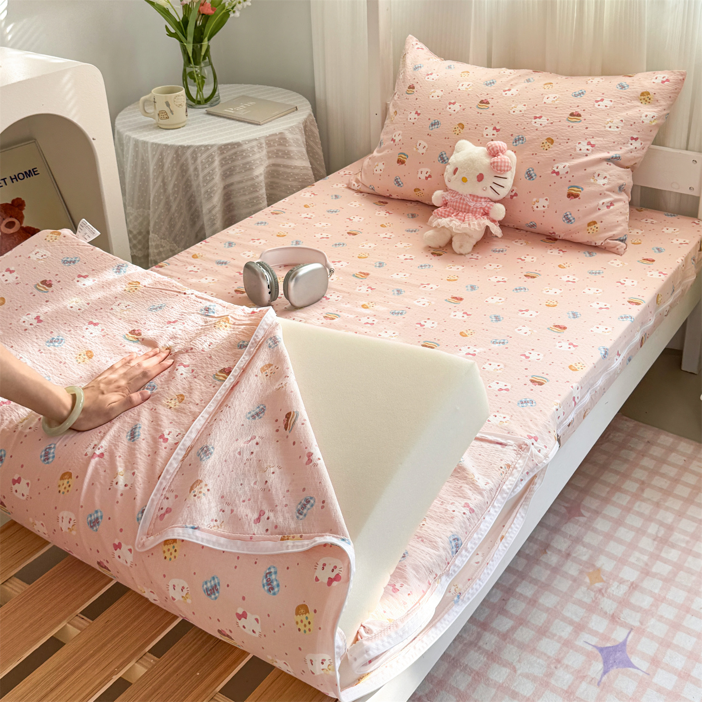 2025新款超柔双层纱学生宿舍床垫套，防滑乳胶保护套，床垫套，床褥套 布丁猫