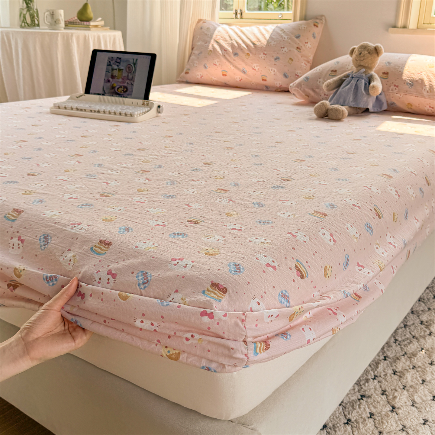 2025新款超柔云感双层纱成人床笠 布丁猫