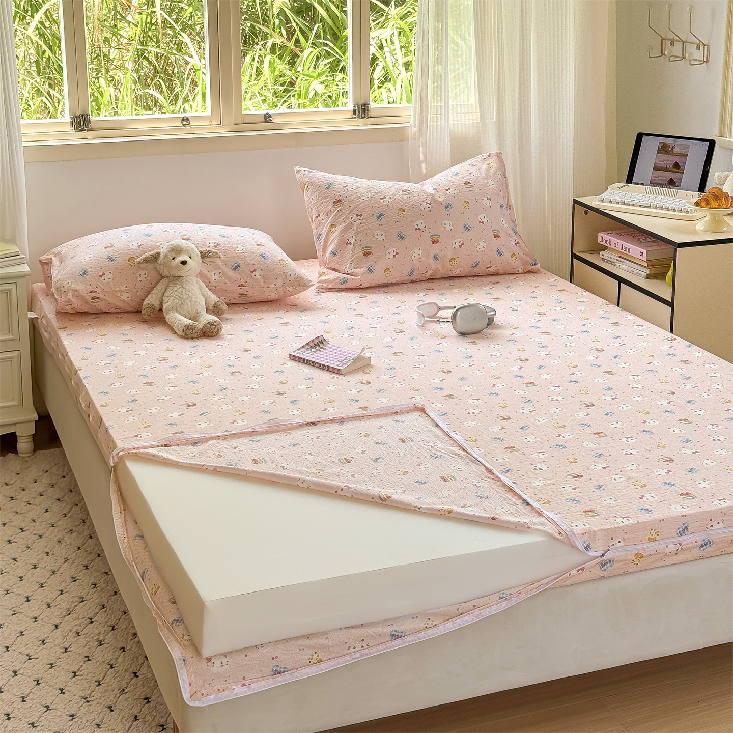 2025新款超柔双层纱大床床垫套，防滑乳胶保护套，床垫套，床褥套 布丁猫