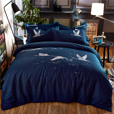 罗优家纺全棉刺绣绣花四件套田园风被套床单床上用品 1.8m（6英尺）床 天鹅梦蓝