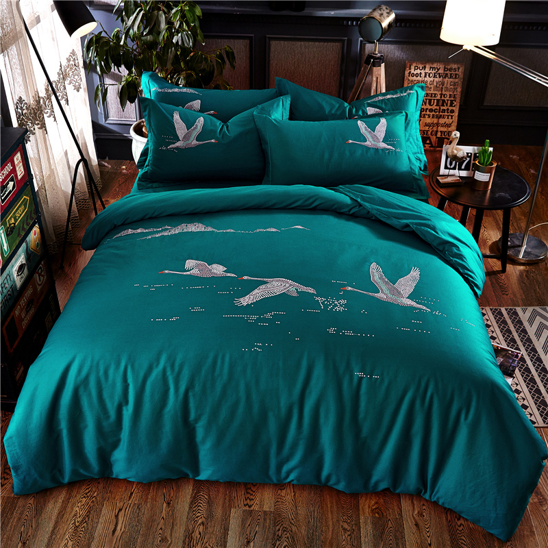 罗优家纺全棉刺绣绣花四件套田园风被套床单床上用品 1.8m（6英尺）床 天鹅梦绿