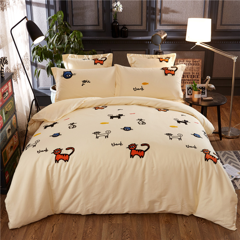 罗优家纺全棉刺绣绣花四件套田园风被套床单床上用品 1.8m（6英尺）床 小猫咪