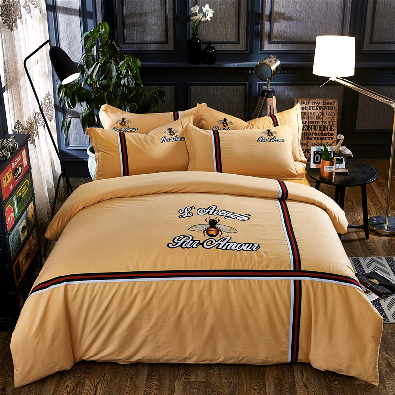 罗优家纺全棉刺绣绣花四件套田园风被套床单床上用品 1.8m（6英尺）床 小蜜蜂