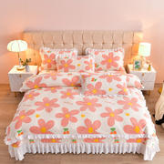 三友家纺 牛奶绒印花夹棉床盖单件 三件套 四件套-白花边 单件床盖180*245cm 粉色大花