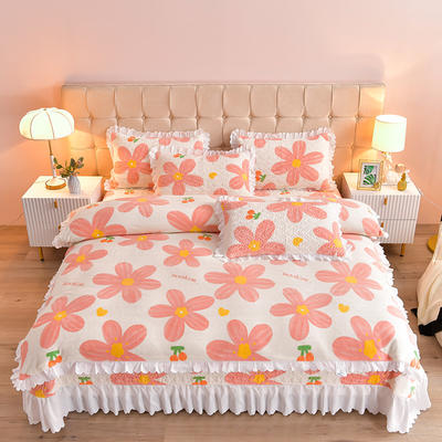 三友家纺 牛奶绒印花夹棉床盖单件 三件套 四件套-白花边 220*245cm床盖+枕套1对 粉色大花