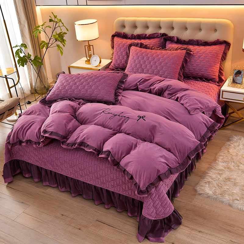 三友家纺 刺绣款水晶绒宝宝绒蕾丝床盖单件三件套四件套-同心结 枕套1对 紫色